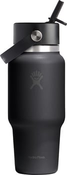 Schwarze Hydro Flask Thermoskanne mit Deckel und Strohhalm, mit Logo an der Seite.