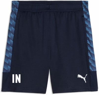 Dunkelblaue Shorts mit weißem Puma-Logo und blauem Streifen.