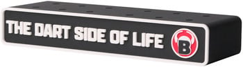 Ein schwarzer Ständer mit der Aufschrift „THE DART SIDE OF LIFE“ und einem Logo.