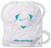 Weißer Kordelzugbeutel mit Nike Football-Logo und türkisfarbenem Symbol.