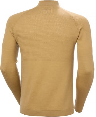 Ein goldener Pullover mit langen Ärmeln und Stehkragen, von hinten gezeigt.