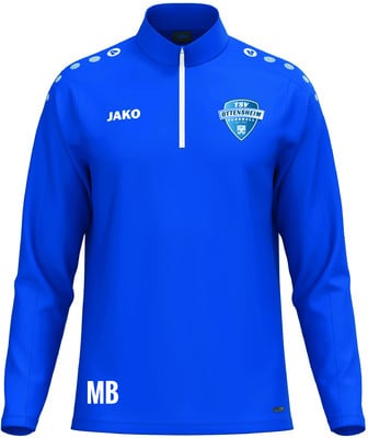 Blaue Sportjacke mit Logo und MB-Schriftzug auf der Vorderseite.
