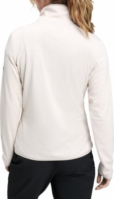 Rückansicht einer Damen-Fleecejacke in Beige mit langen Ärmeln. Rückansicht einer Damen-Fleecejacke in Beige mit langen Ärmeln.
