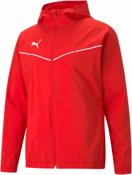 Rote Puma Jacke mit weißem Logo und Streifen, mit Kapuze.