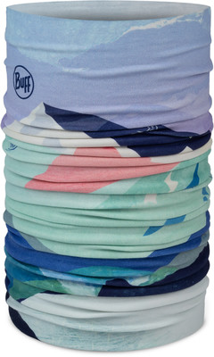 Buff-Schlauchtuch mit Bergmotiv in Pastellfarben und Markenlogo. Buff-Schlauchtuch mit Bergmotiv in Pastellfarben und Markenlogo.