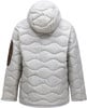 Rückansicht einer gesteppten Kapuzenjacke mit braunem Schulterdetail.