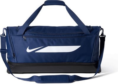 Dunkelblaue Nike Sporttasche mit weißem Logo und Trägern.