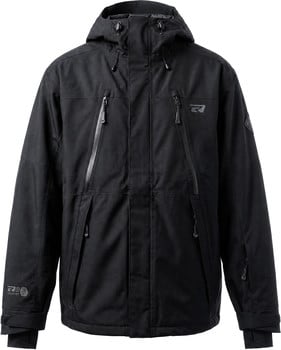 Schwarze Herren-Skijacke mit Kapuze und vielen Reißverschlusstaschen.