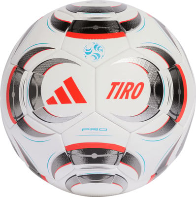 Weißer Adidas Fußball mit roten Streifen und Logos, Aufschrift TIRO PRO. Weißer Adidas Fußball mit roten Streifen und Logos, Aufschrift TIRO PRO.