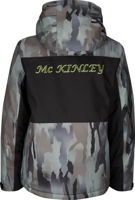 Rückseite einer Camouflage-Jacke von McKinley mit gelbem Schriftzug. Rückseite einer Camouflage-Jacke von McKinley mit gelbem Schriftzug.