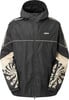 Schwarze Kapuzenjacke mit beigen Details und Ärmeldruck.