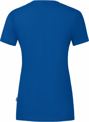 Damen-T-Shirt in Blau mit kurzen Ärmeln, von hinten gezeigt. Damen-T-Shirt in Blau mit kurzen Ärmeln, von hinten gezeigt.
