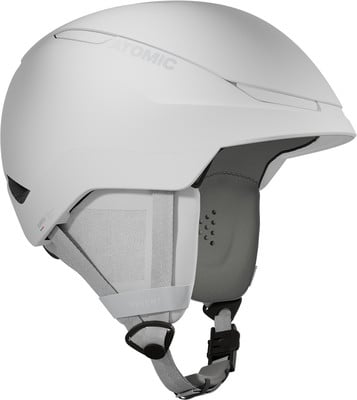 Ein weißer Atomic-Skihelm mit grauen Details und Gurten. Ein weißer Atomic-Skihelm mit grauen Details und Gurten.