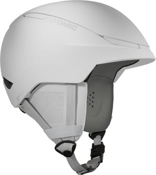 Ein weißer Atomic-Skihelm mit grauen Details und Gurten.