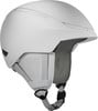 Ein weißer Atomic-Skihelm mit grauen Details und Gurten.