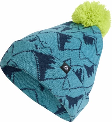 Eine blaue Strickmütze mit dunkelblauem Bergmuster und gelbem Bommel. Eine blaue Strickmütze mit dunkelblauem Bergmuster und gelbem Bommel.