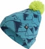 Eine blaue Strickmütze mit dunkelblauem Bergmuster und gelbem Bommel.