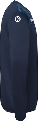 Dunkelblaues Sweatshirt mit weißem Logo am Ärmel und gemustertem Einsatz. Dunkelblaues Sweatshirt mit weißem Logo am Ärmel und gemustertem Einsatz.