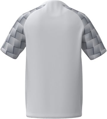 Rückansicht eines weißen T-Shirts mit grauem Karomuster auf den Ärmeln.