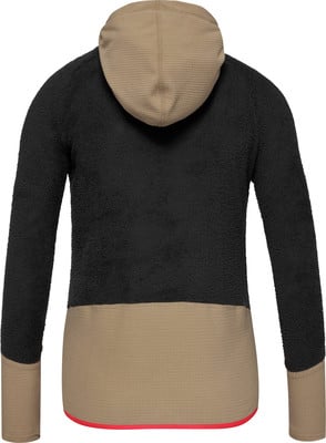 Schwarze Fleecejacke mit beiger Kapuze und rotem Kontrastsaum.