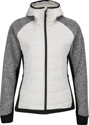 Eine weiße Steppjacke mit schwarzen Ärmeln und Kapuze, Reißverschluss. Eine weiße Steppjacke mit schwarzen Ärmeln und Kapuze, Reißverschluss.