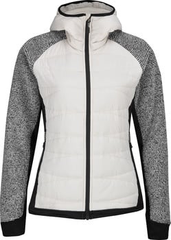 Eine weiße Steppjacke mit schwarzen Ärmeln und Kapuze, Reißverschluss.