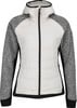 Eine weiße Steppjacke mit schwarzen Ärmeln und Kapuze, Reißverschluss.