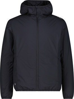 Dunkelblaue Herrenjacke mit Kapuze und durchgehendem Reißverschluss.