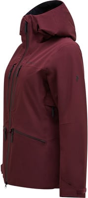 Damen-Weinrot-Jacke mit Kapuze und schwarzen Reißverschlüssen, Logo auf dem Ärmel. Damen-Weinrot-Jacke mit Kapuze und schwarzen Reißverschlüssen, Logo auf dem Ärmel.