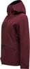 Damen-Weinrot-Jacke mit Kapuze und schwarzen Reißverschlüssen, Logo auf dem Ärmel.