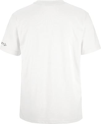 Weißes T-Shirt mit kurzen Ärmeln und Markenlogo auf dem Ärmel. Weißes T-Shirt mit kurzen Ärmeln und Markenlogo auf dem Ärmel.
