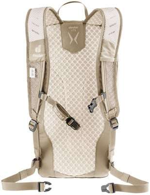 Rückseite eines beigen Deuter-Rucksacks mit atmungsaktiver Polsterung und Gurten. Rückseite eines beigen Deuter-Rucksacks mit atmungsaktiver Polsterung und Gurten.