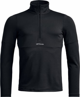 Schwarzes Herren-Oberteil von ORTOVOX mit kurzem Reißverschluss und Stehkragen. Schwarzes Herren-Oberteil von ORTOVOX mit kurzem Reißverschluss und Stehkragen.