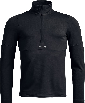 Schwarzes Herren-Oberteil von ORTOVOX mit kurzem Reißverschluss und Stehkragen.