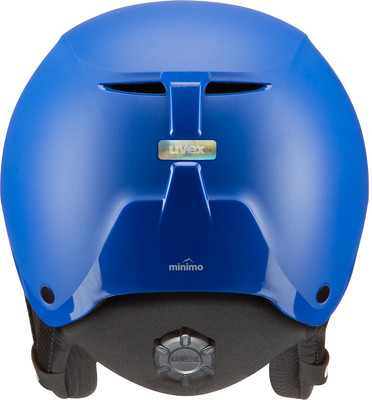 Blauer UVEX Skihelm mit Verstellsystem und minimo-Logo. Blauer UVEX Skihelm mit Verstellsystem und minimo-Logo.