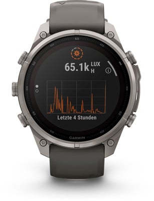 Eine Garmin Smartwatch zeigt eine Grafik mit 65.1k LUX über die letzten 4 Stunden an. Eine Garmin Smartwatch zeigt eine Grafik mit 65.1k LUX über die letzten 4 Stunden an.