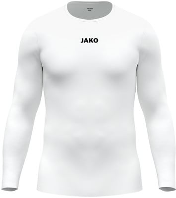 Weißes Langarmshirt mit JAKO-Logo auf der Brust. Weißes Langarmshirt mit JAKO-Logo auf der Brust.