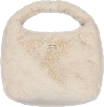 Eine cremefarbene Plüschtasche mit einem dezenten Markenlogo in der Mitte.