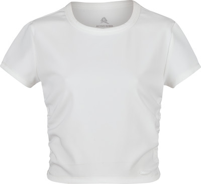 Weißes Damen-T-Shirt mit kurzen Ärmeln und geripptem Seitenrand.