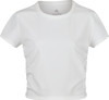 Weißes Damen-T-Shirt mit kurzen Ärmeln und geripptem Seitenrand.