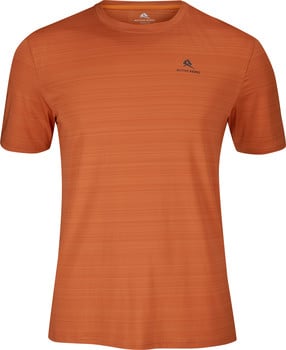 Orange T-Shirt mit feinem Streifenmuster und Markenlogo.