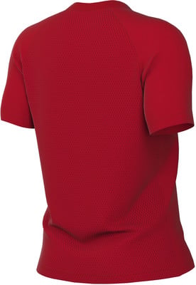 Ein rotes T-Shirt mit kurzen Ärmeln und einem feinen Muster überall.