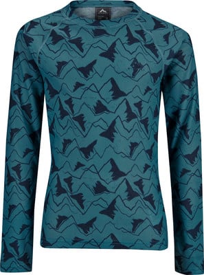 Langarmshirt mit Bergmuster in Dunkelblau auf Petrol. Langarmshirt mit Bergmuster in Dunkelblau auf Petrol.
