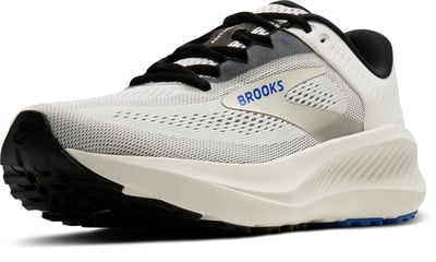 Weiße Brooks Laufschuhe mit schwarzen Schnürsenkeln und blauem Logo. Weiße Brooks Laufschuhe mit schwarzen Schnürsenkeln und blauem Logo.