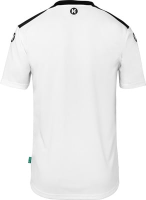 Weißes T-Shirt mit schwarzem Kragen und 'K'-Logo auf dem Rücken. Weißes T-Shirt mit schwarzem Kragen und 'K'-Logo auf dem Rücken.