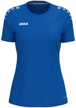 Blaues T-Shirt mit kurzen Ärmeln und JAKO-Logo auf der Brust.