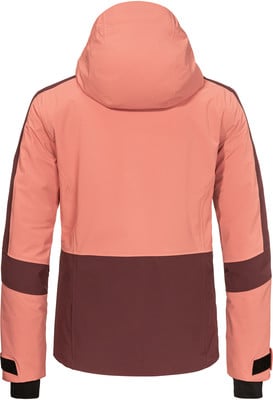 Rückansicht einer Damen-Skijacke in Rosa und Weinrot mit Kapuze. Rückansicht einer Damen-Skijacke in Rosa und Weinrot mit Kapuze.