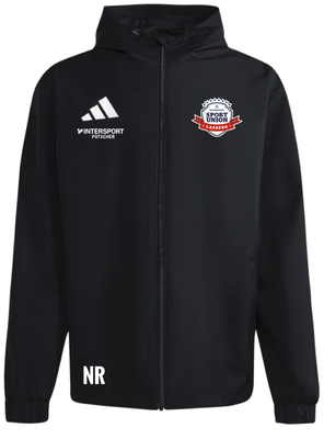 Schwarze Jacke mit Intersport und Sport Union Lasberg Logo, Initialen NR.
