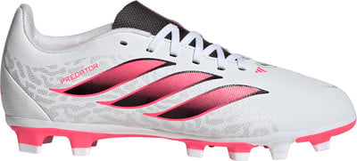 Weiße Adidas Predator Fußballschuhe mit pinken Streifen und Predator-Schriftzug. Weiße Adidas Predator Fußballschuhe mit pinken Streifen und Predator-Schriftzug.