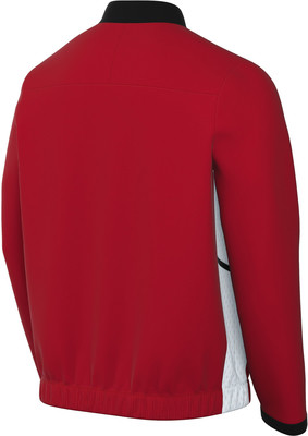 Rückansicht einer roten Jacke mit schwarzem Kragen und weißen Seitenteilen. Rückansicht einer roten Jacke mit schwarzem Kragen und weißen Seitenteilen.
